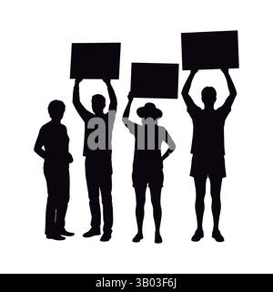 Set of Silhouettes of Activists Holding Up Signs. Set of Protestors Silhouettes Holding Blank Signs. Stock Vector