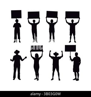 Set of Silhouettes of Activists Holding Up Signs. Set of Protestors Silhouettes Holding Blank Signs. Stock Vector