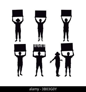 Set of Silhouettes of Activists Holding Up Signs. Set of Protestors Silhouettes Holding Blank Signs. Stock Vector