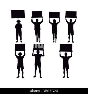 Set of Silhouettes of Activists Holding Up Signs. Set of Protestors Silhouettes Holding Blank Signs. Stock Vector