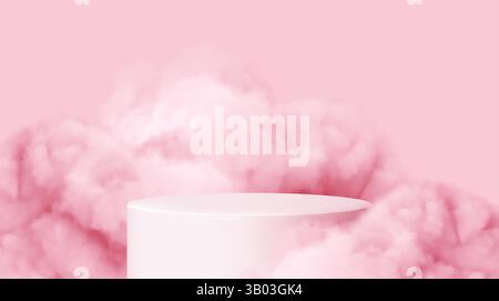 Elegant Pink Vector Illustration Featuring a Minimalist Cylinder Pedestal Against a Soft Cloudy Background Perfect for Design and Presentation Themes Stock Vector