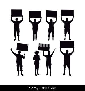 Set of Silhouettes of Activists Holding Up Signs. Set of Protestors Silhouettes Holding Blank Signs. Stock Vector
