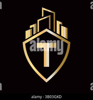 Real Estate Logo On Letter T Concept With Building and Shield Symbol. Building Symbol Stock Vector