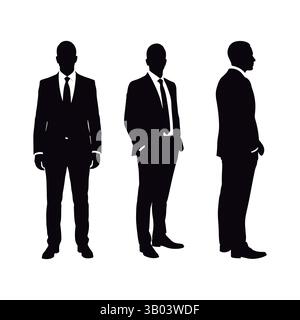 Professional Men Silhouettes in Suits and Ties Collection. Set of Three Businessman Silhouettes in Formal Suits. Stock Vector