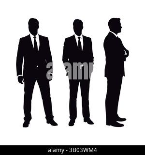 Professional Men Silhouettes in Suits and Ties Collection. Set of Three Businessman Silhouettes in Formal Suits. Stock Vector