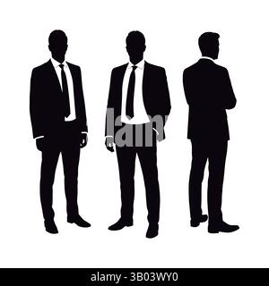 Professional Men Silhouettes in Suits and Ties Collection. Set of Three Businessman Silhouettes in Formal Suits. Stock Vector