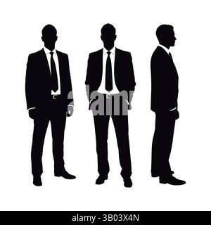 Professional Men Silhouettes in Suits and Ties Collection. Set of Three Businessman Silhouettes in Formal Suits. Stock Vector