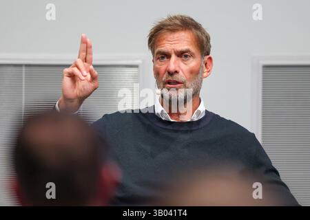 Leipzig, Germany. 23rd Apr, 2025. Jürgen Klopp, Head of Global Soccer at Red Bull, sits during a panel discussion in the Red Bull Arena. At the RB Leipzig youth academy, he spoke alongside other managers about the development opportunities for young players. Credit: Jan Woitas/dpa/17�Թ����� Live News Stock Photo