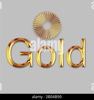 "Gold" in a shiny, metallic 3D font, set against a sleek gray background. Above the text, a radiant sunburst design enhances the luxurious and elegant. Stock Vector