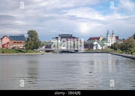 City of Minsk. View of the bridge over the Svisloch River, Trinity Suburb and the Upper Town. Historical center of Minsk. Stock Photo