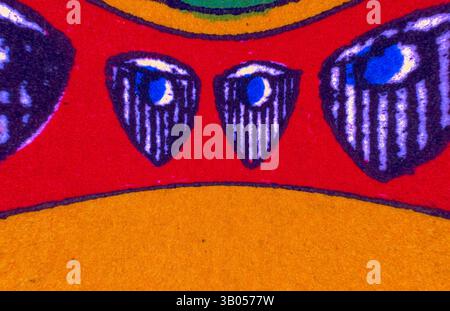 A vibrant abstract composition showcasing a central yellow area bordered by bold red shapes, featuring three distinct eye-like forms in dark blue and white, each displaying vertical lines that create a textured effect., A vibrant design featuring geometric shapes and intricate patterns, highlighted by bold colors and contrasting details that draw the eye. Classic art with a modern twist reimagined by Artotop, Transformed Egyptian Ornament, Classic art with a modern twist reimagined by Artotop Stock Photo