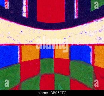 A vibrant arrangement of colorful geometric blocks creates a dynamic pattern, with bold reds, yellows, greens, blues, and oranges forming a visually striking grid., A circular composition featuring vibrant geometric patterns, including a grid of colorful squares and bold rectangular shapes. The design combines red, green, blue, and yellow elements, creating a striking visual contrast and a sense of rhythm. Classic art with a modern twist reimagined by Artotop, Transformed Egyptian Ornament, Classic art with a modern twist reimagined by Artotop Stock Photo