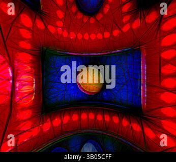 An abstract composition featuring vibrant red and blue hues, intersecting lines, and a central circular element that draws the eye. The interplay of colors and shapes creates a dynamic and visually intriguing pattern., A vibrant circular design featuring bold red and blue patterns, interspersed with geometric shapes and dotted elements, creating a visually striking and dynamic composition. Classic art with a modern twist reimagined by Artotop, Transformed Egyptian Ornament, Classic art with a modern twist reimagined by Artotop Stock Photo