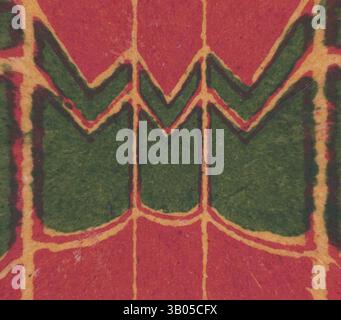 An intricate pattern displaying bold red, green, and yellow shapes, forming a visually striking geometric design with a rhythmic flow., A circular design featuring a repeating pattern of pointed shapes in red and green, creating a dynamic and bold visual effect. Classic art with a modern twist reimagined by Artotop, Transformed Egyptian Ornament, Classic art with a modern twist reimagined by Artotop Stock Photo