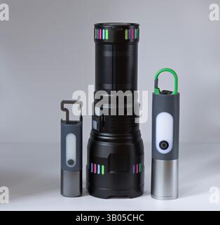 three portable lighting devices, Portable Lighting, Emergency Light, Rechargeable Light Stock Photo