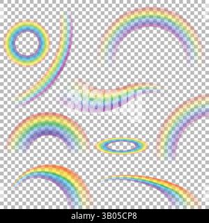 Rainbows in different shape realistic set on transparent background. Stock Vector