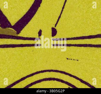 A close-up of vibrant yellow paper features bold, dark purple lines forming a playful, abstract design that evokes liveliness and creativity., A vibrant circular design featuring geometric patterns in purple against a bright yellow background, showcasing a mix of triangular and circular shapes, along with distinct markings. Classic art with a modern twist reimagined by Artotop, Transformed Greek Ornament and Etruscan Ornament, Classic art with a modern twist reimagined by Artotop Stock Photo