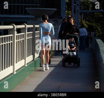 People crossing road bridge in Miami, Florida, USA Stock Photo
