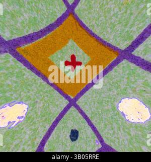 A vibrant geometric pattern featuring a diamond shape in orange and red, surrounded by intersecting lines of purple on a lively green background, with abstract shapes in yellow and blue interspersed throughout., A vibrant circular design featuring a pattern of colored shapes, including diamonds and circles, with contrasting colors and a red accent at the center. The overall composition conveys a sense of balance and symmetry. Classic art with a modern twist reimagined by Artotop, Transformed Persian Ornament, Classic art with a modern twist reimagined by Artotop Stock Photo