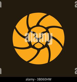Illustration of a stylized lion head inside a circular emblem with radiating segments on a dark background Stock Vector