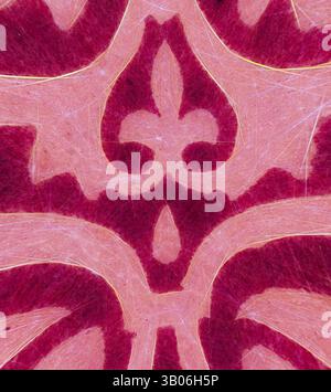 An intricate pattern featuring bold, stylized motifs with delicate detailing, showcasing a rich interplay of colors and textures. The design incorporates elements reminiscent of classic ornamentation, creating a visually captivating composition., A round decorative piece featuring an intricate design in shades of pink and deep red, showcasing elegant swirls and motifs that create a timeless pattern. Classic art with a modern twist reimagined by Artotop, Transformed Elizabethan Ornament, Classic art with a modern twist reimagined by Artotop Stock Photo