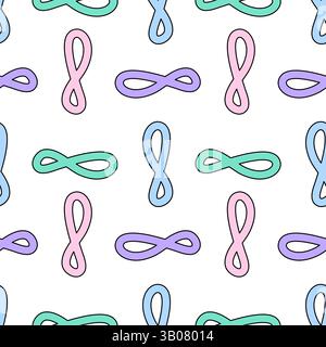 Playful cartoon seamless pattern featuring pastel infinity symbols, or loops, in various colors on a white background. Abstract background. Perfect fo Stock Vector