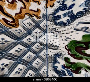 An abstract display of swirling patterns and vibrant colors intertwines, creating a dynamic visual experience that draws the eye in with its fluid motion and eclectic design., A beautifully patterned ceramic plate features intricate designs with vibrant colors and organic shapes, showcasing a blend of geometric and floral motifs. Classic art with a modern twist reimagined by Artotop, Transformed French Fabrics, First Half of the Nineteenth Century, Classic art with a modern twist reimagined by Artotop Stock Photo