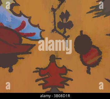 An abstract composition featuring vibrant shapes and patterns, including stylized leaves, berries, and floral motifs, all interconnected against a warm, textured background that enhances the playful and lively feel., A vibrant pattern showcases intricate floral and geometric designs in rich colors, set against a warm yellow background, creating a lively and ornate visual experience. Classic art with a modern twist reimagined by Artotop, Transformed French Fabrics, First Half of the Nineteenth Century, Classic art with a modern twist reimagined by Artotop Stock Photo
