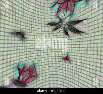 A vibrant interplay of abstract shapes suggests delicate leaves and flowers, blending with a textured, grid-like backdrop that adds depth and movement. The composition evokes a sense of nature intertwined with artistic abstraction., A circular fabric features a delicate pattern of floral motifs in shades of pink and green, set against a grid-like background. The design creates a soft, vintage aesthetic. Classic art with a modern twist reimagined by Artotop, Transformed French Fabrics, First Half of the Nineteenth Century, Classic art with a modern twist reimagined by Artotop Stock Photo