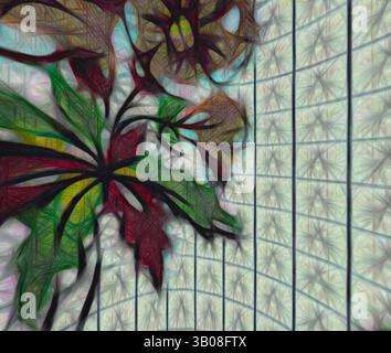 A vibrant arrangement of stylized flowers and leaves contrasts with a textured, grid-like background, creating a dynamic interplay of color and form., A delicate floral pattern features blossoms and leaves against a grid-like background, creating a harmonious blend of nature and design. Classic art with a modern twist reimagined by Artotop, Transformed French Fabrics, First Half of the Nineteenth Century, Classic art with a modern twist reimagined by Artotop Stock Photo
