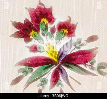 A vibrant floral design features bold red blooms surrounded by lush green leaves, with delicate hints of yellow and purple adding depth and interest. The composition has a soft, artistic texture, enhancing the beauty of the botanical elements., A circular design features a vibrant floral motif with intricate details, displaying a burst of colors surrounded by smaller floral elements scattered throughout the background. Classic art with a modern twist reimagined by Artotop, Transformed French Fabrics, First Half of the Nineteenth Century, Classic art with a modern twist reimagined by Artotop Stock Photo
