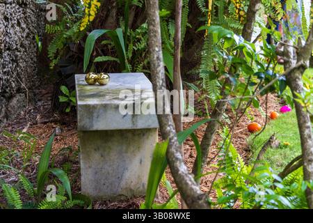 Two golden Easter Eggs nestled together on a stone bench in a cozy nook, set in a tropical garden. Stock Photo