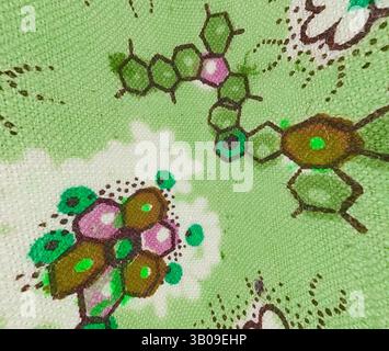 A vibrant, intricate pattern featuring stylized botanical elements, with hexagonal shapes and a variety of colors, including green, brown, and pink, creating a lively and organic design., A vibrant green fabric featuring a playful floral pattern, accented with abstract shapes in shades of pink, brown, and white. The design creates a lively and whimsical aesthetic. Classic art with a modern twist reimagined by Artotop, Transformed French Fabrics, First Half of the Nineteenth Century, Classic art with a modern twist reimagined by Artotop Stock Photo