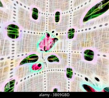 An abstract composition featuring a vibrant play of shapes and colors, intertwining with a delicate web-like pattern that creates a sense of depth and movement. Small organic forms in shades of pink and green contrast against a light, airy background, evoking a dynamic and surreal atmosphere., A whimsical design featuring vibrant pink flowers and green leaves arranged in a grid pattern, set against a light background with an intriguing texture. Classic art with a modern twist reimagined by Artotop, Transformed French Fabrics, First Half of the Nineteenth Century, Classic art with a modern Stock Photo