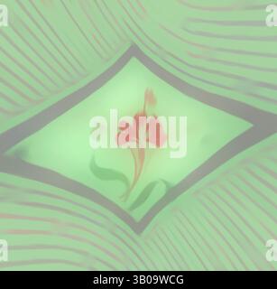 A soft, abstract pattern features a central diamond shape with a delicate red flower, surrounded by gentle, flowing lines in soothing green tones., A round plate featuring a delicate green pattern with floral designs in shades of pink, arranged in a grid-like fashion against a textured background. Classic art with a modern twist reimagined by Artotop, Transformed French Fabrics, First Half of the Nineteenth Century, Classic art with a modern twist reimagined by Artotop Stock Photo