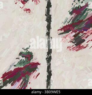 An abstract composition featuring dynamic brush strokes in shades of red and green, contrasted by a prominent vertical line that divides the canvas, creating a sense of movement and depth., A circular pattern featuring a delicate floral design, with alternating colorful motifs on a neutral background, separated by thin vertical lines. Classic art with a modern twist reimagined by Artotop, Transformed French Fabrics, First Half of the Nineteenth Century, Classic art with a modern twist reimagined by Artotop Stock Photo