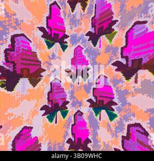 A vibrant pattern featuring stylized flowers with bold pink hues and dynamic green leaves, set against a soft, blended background of warm tones. The design creates a lively and eye-catching visual rhythm., A vibrant circular design showcasing a pattern of stylized flowers in rich shades of pink, orange, and purple, set against a contrasting background. The intricate motifs are arranged harmoniously, creating a lively and energetic visual. Classic art with a modern twist reimagined by Artotop, Transformed French Fabrics, First Half of the Nineteenth Century, Classic art with a modern twist Stock Photo
