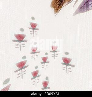 A series of abstract floral motifs in soft hues, arranged in a symmetrical pattern that creates a sense of depth and movement. Delicate outlines enhance their geometric forms, giving a modern and artistic touch., A round plate adorned with a delicate floral design featuring various shades of purple, gold, and green against a light background, creating a charming and vintage aesthetic. Classic art with a modern twist reimagined by Artotop, Transformed French Fabrics, First Half of the Nineteenth Century, Classic art with a modern twist reimagined by Artotop Stock Photo