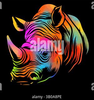 Rhinoceros colored head on black background. hand drawing. Not AI, Vector illustration Stock Vector