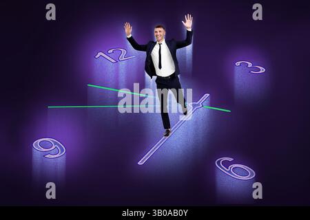 Businessman walking on hand of clock. Time management, project deadline, stressful work Stock Photo