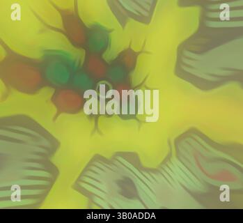 A vibrant explosion of swirling colors and abstract shapes, featuring a central burst of yellow with hints of green and red, surrounded by softer, muted forms that create a sense of movement and depth., A circular dish displaying an intricate pattern of stylized shapes and vibrant colors, interspersed with small clusters of abstract floral elements. The design features a mix of bold and subtle tones, creating a visually engaging composition. Classic art with a modern twist reimagined by Artotop, Transformed French Fabrics, First Half of the Nineteenth Century, Classic art with a modern twist Stock Photo