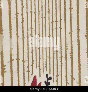 A textured background features vertical lines in varying shades, interspersed with hints of red and dark shapes at the bottom, creating an abstract and dynamic composition., A circular design featuring vertical gold stripes with delicate red flowers and intricate black details woven into a light background. Classic art with a modern twist reimagined by Artotop, Transformed French Fabrics, First Half of the Nineteenth Century, Classic art with a modern twist reimagined by Artotop Stock Photo