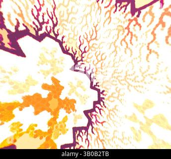 A burst of vibrant colors intertwines in an abstract explosion, resembling a chaotic blend of fiery patterns and organic shapes. The interplay of orange and yellow creates a dynamic sense of energy and movement., An abstract representation featuring intricate, branching patterns in warm hues, creating a textured appearance reminiscent of organic forms or coral structures. The design highlights a blend of colors that radiate outward, evoking a sense of depth and movement. Classic art with a modern twist reimagined by Artotop, Transformed French Fabrics, First Half of the Nineteenth Century Stock Photo