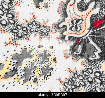 An intricate pattern featuring floral and geometric designs, highlighted with vivid colors against a textured background. The composition combines elaborate shapes and a harmonious blend of details, creating a visually captivating artwork., An intricate pattern featuring organic shapes and abstract forms in a lively interplay of textures and colors. The design incorporates a variety of elements, creating a dynamic and visually engaging composition. Classic art with a modern twist reimagined by Artotop, Transformed French Fabrics, First Half of the Nineteenth Century, Classic art with a modern Stock Photo