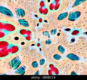 A captivating abstract composition featuring intricate patterns of intertwining shapes in vibrant red, blue, and white, resembling a dynamic network pulsating with energy and depth., A vibrant, abstract representation of a microscopic view, featuring intricate patterns of red flowers and blue leaves interspersed across a textured, light background. Classic art with a modern twist reimagined by Artotop, Transformed French Fabrics, First Half of the Nineteenth Century, Classic art with a modern twist reimagined by Artotop Stock Photo