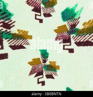 A close-up of a textile featuring abstract floral and geometric patterns in a blend of earthy tones, creating a rich, textured design., A circular pattern featuring an array of stylized leaf shapes in hues of green, brown, and dark red, set against a light background, creating a charming, nature-inspired design. Classic art with a modern twist reimagined by Artotop, Transformed French Fabrics, First Half of the Nineteenth Century, Classic art with a modern twist reimagined by Artotop Stock Photo