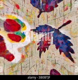 A vibrant and abstract composition featuring colorful leaves amidst a textured background, with hints of floral shapes adding depth and intrigue., A circular pattern featuring vibrant red flowers and blue leaves on a textured beige background, blending floral and abstract designs harmoniously. Classic art with a modern twist reimagined by Artotop, Transformed French Fabrics, First Half of the Nineteenth Century, Classic art with a modern twist reimagined by Artotop Stock Photo