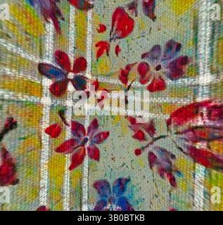 A vibrant floral pattern features bold red and purple flowers against a textured backdrop, creating a dynamic and visually engaging design., A circular pattern featuring delicate floral designs in red and blue against a light background, with interwoven grid lines adding a charming texture. Classic art with a modern twist reimagined by Artotop, Transformed French Fabrics, First Half of the Nineteenth Century, Classic art with a modern twist reimagined by Artotop Stock Photo