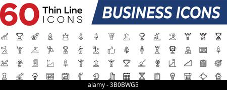 Extensive Set of 60 Modern Thin Line Web Icons for Business, Management, Strategy, Finance, and Office. Professional Vector Illustration with Editable Stock Vector