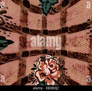 An abstract pattern features intricate floral designs and textured elements, creating a vibrant interplay of colors and shapes., A patterned fabric featuring delicate roses on a grid background, creating a charming, vintage aesthetic. Classic art with a modern twist reimagined by Artotop, Transformed French Fabrics, First Half of the Nineteenth Century, Classic art with a modern twist reimagined by Artotop Stock Photo